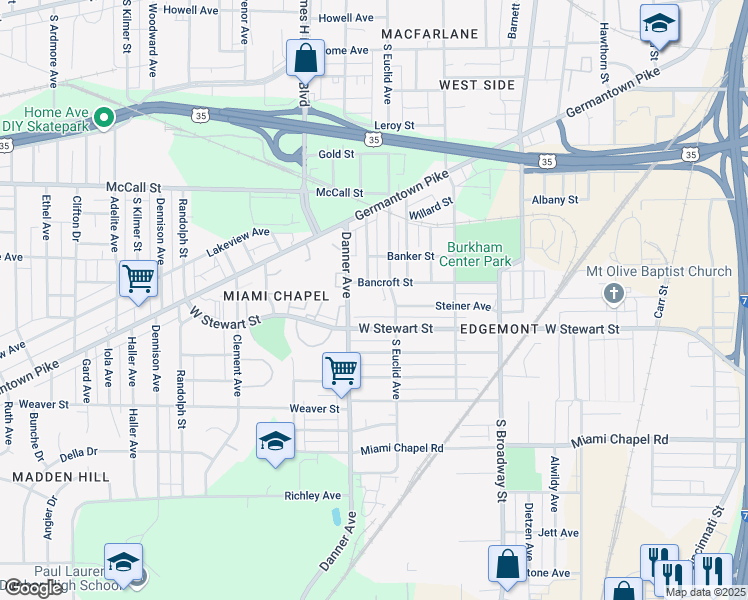 map of restaurants, bars, coffee shops, grocery stores, and more near 1023 South Euclid Avenue in Dayton