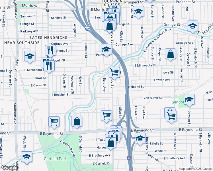 map of restaurants, bars, coffee shops, grocery stores, and more near 1860 Shelby Street in Indianapolis