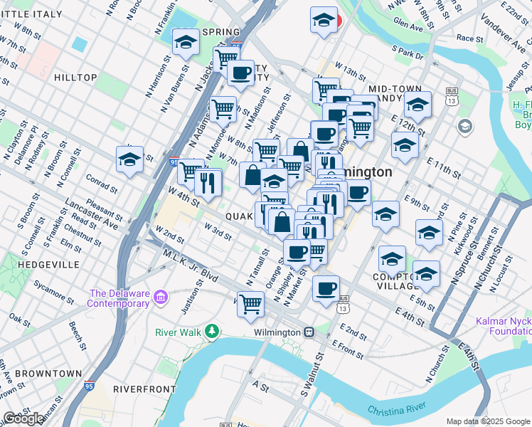 map of restaurants, bars, coffee shops, grocery stores, and more near 507 North West Street in Wilmington