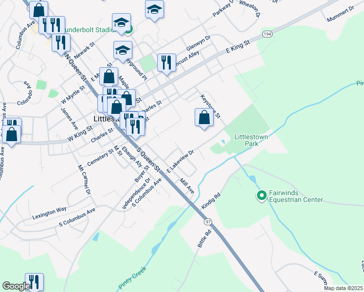 map of restaurants, bars, coffee shops, grocery stores, and more near 17 Crescent Lane in Littlestown