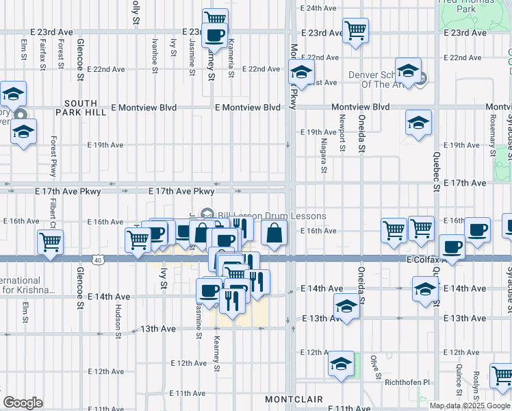 map of restaurants, bars, coffee shops, grocery stores, and more near 1629 Locust Street in Denver