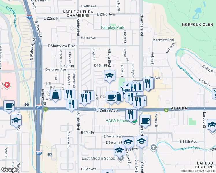 map of restaurants, bars, coffee shops, grocery stores, and more near 775 Altura Boulevard in Aurora