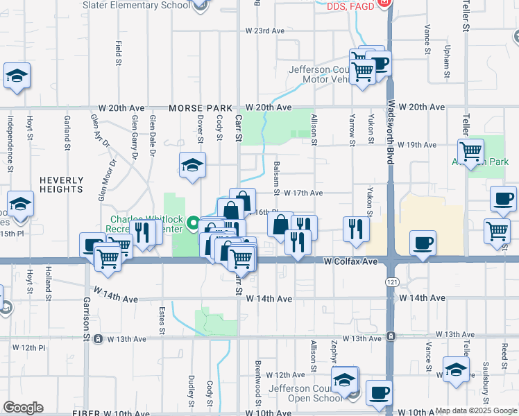 map of restaurants, bars, coffee shops, grocery stores, and more near 8339 West 16th Place in Denver