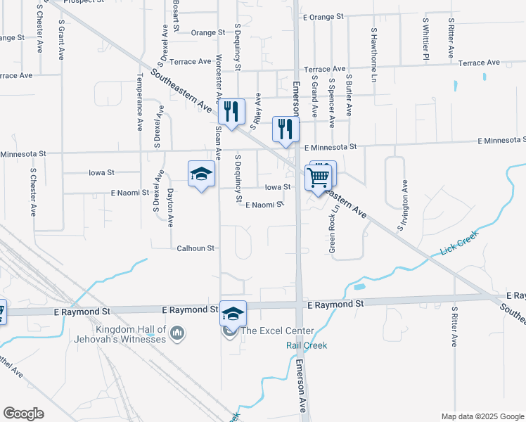 map of restaurants, bars, coffee shops, grocery stores, and more near 5003 East Naomi Street in Indianapolis