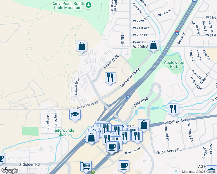 map of restaurants, bars, coffee shops, grocery stores, and more near 14143 Denver West Parkway in Golden