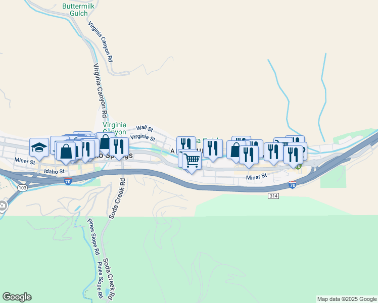 map of restaurants, bars, coffee shops, grocery stores, and more near 2350 Riverside Drive in Idaho Springs