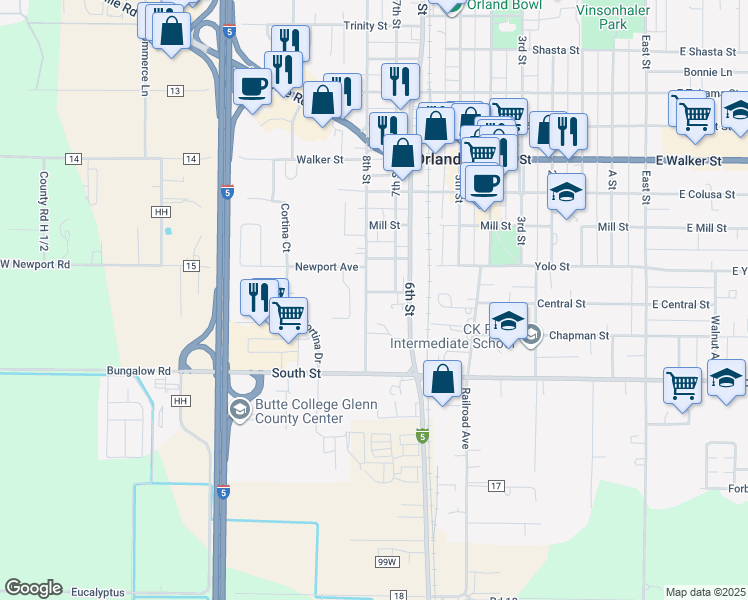map of restaurants, bars, coffee shops, grocery stores, and more near 1117 8th Street in Orland