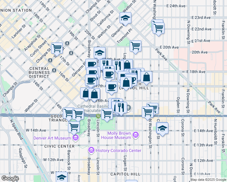 map of restaurants, bars, coffee shops, grocery stores, and more near in Denver