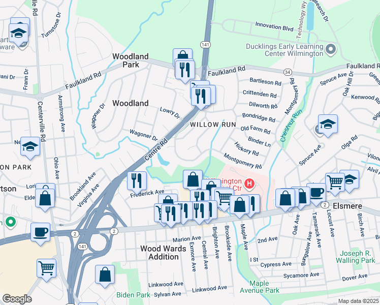 map of restaurants, bars, coffee shops, grocery stores, and more near 6 Oxford Court in Wilmington
