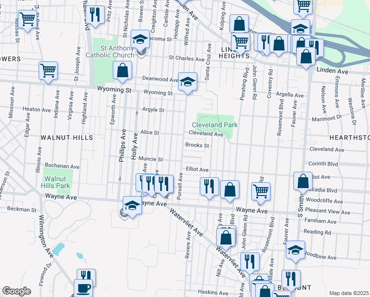 map of restaurants, bars, coffee shops, grocery stores, and more near 1230 Pursell Avenue in Dayton