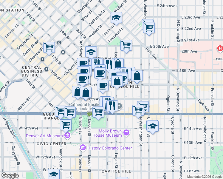map of restaurants, bars, coffee shops, grocery stores, and more near 300 East 17th Avenue in Denver