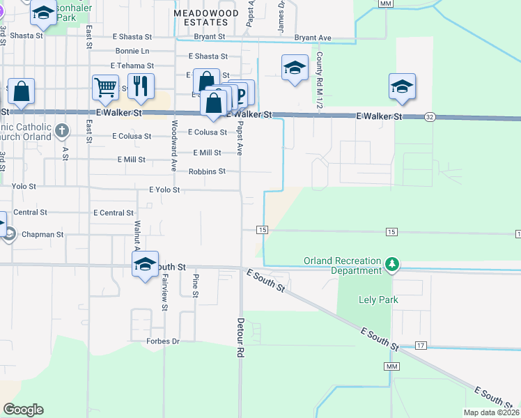 map of restaurants, bars, coffee shops, grocery stores, and more near 1025 Papst Avenue in Orland