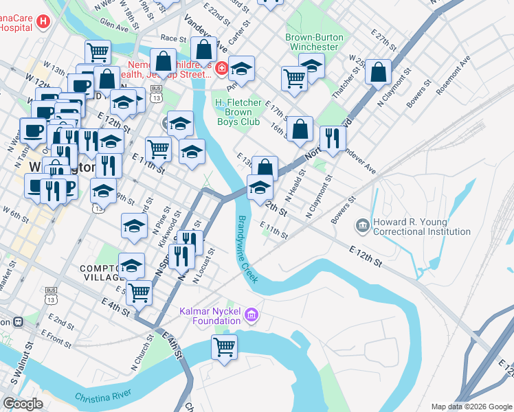 map of restaurants, bars, coffee shops, grocery stores, and more near 1121 Thatcher Street in Wilmington