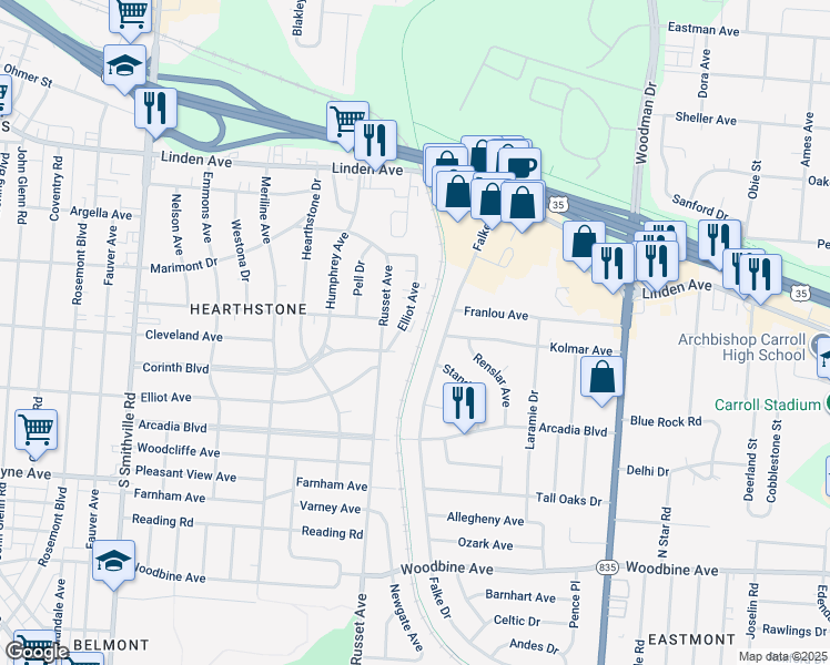 map of restaurants, bars, coffee shops, grocery stores, and more near 4524 Elliot Avenue in Dayton