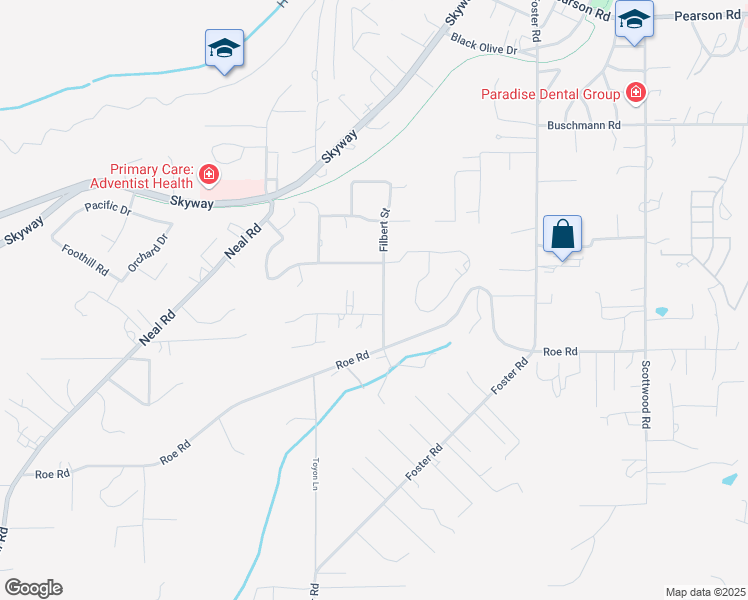 map of restaurants, bars, coffee shops, grocery stores, and more near 5375 Filbert Street in Paradise
