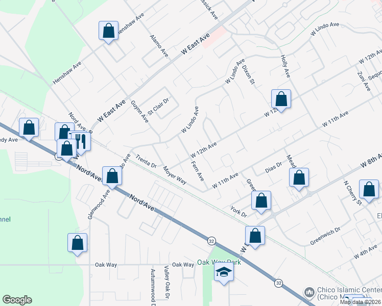 map of restaurants, bars, coffee shops, grocery stores, and more near 2302 Fern Avenue in Chico