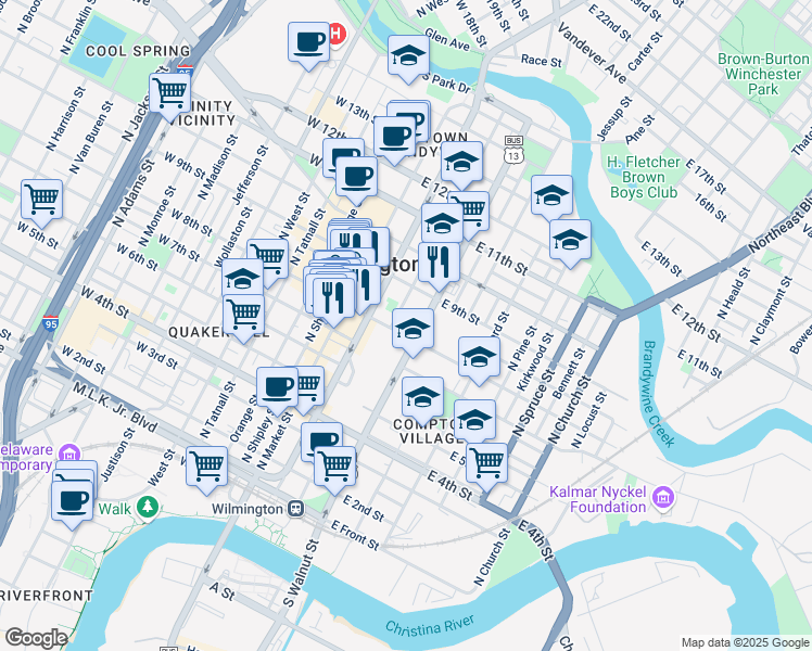 map of restaurants, bars, coffee shops, grocery stores, and more near 800 North French Street in Wilmington