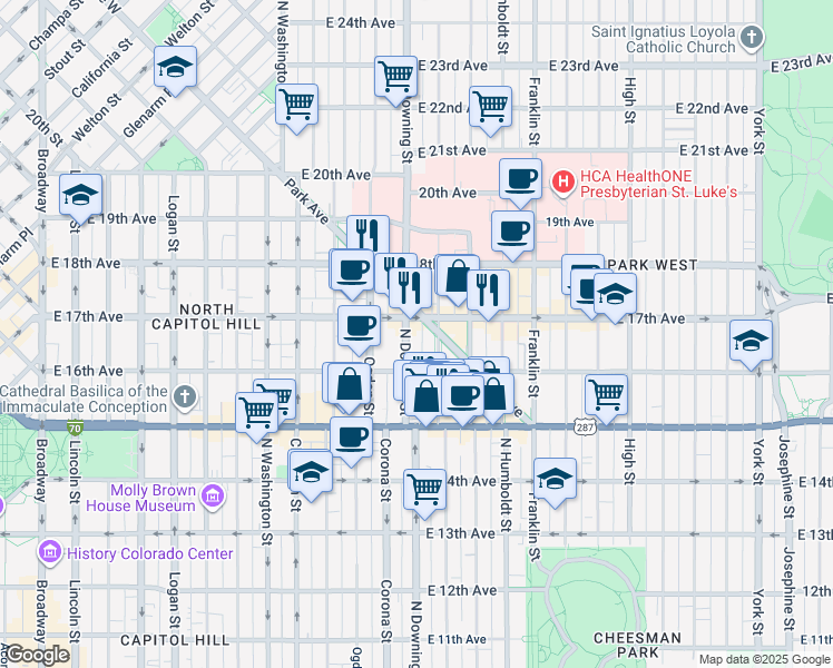 map of restaurants, bars, coffee shops, grocery stores, and more near 1640 North Downing Street in Denver
