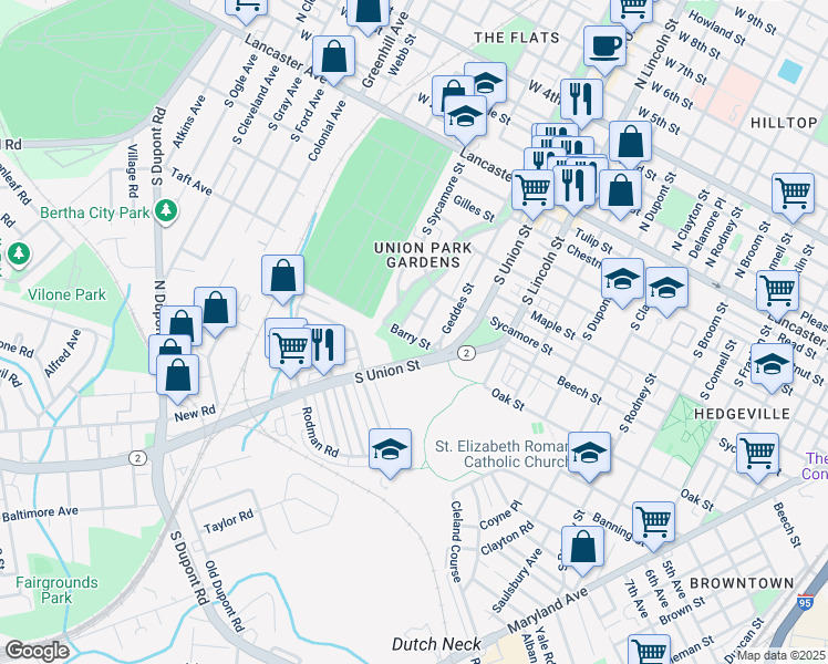 map of restaurants, bars, coffee shops, grocery stores, and more near 2033 Barry Street in Wilmington