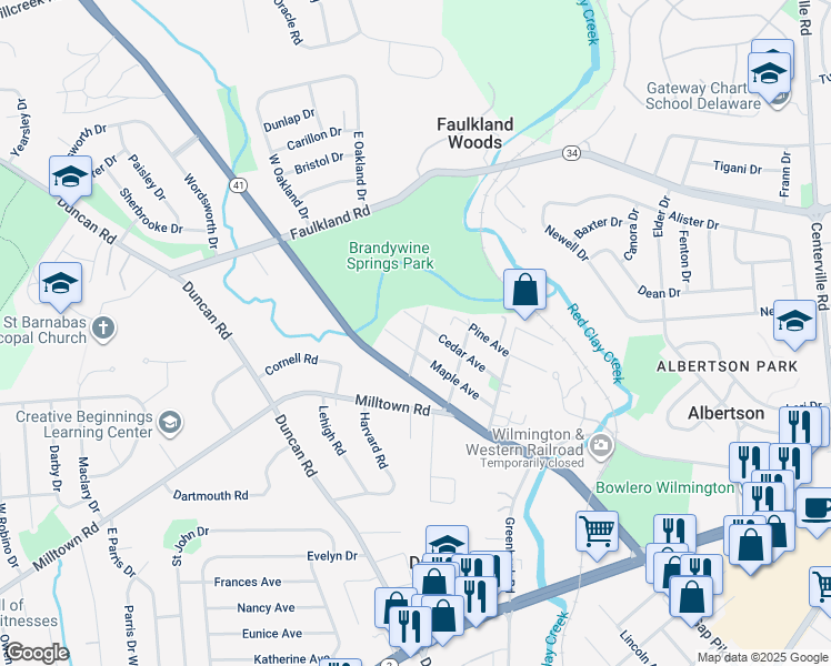 map of restaurants, bars, coffee shops, grocery stores, and more near 123 Harrison Avenue in Wilmington