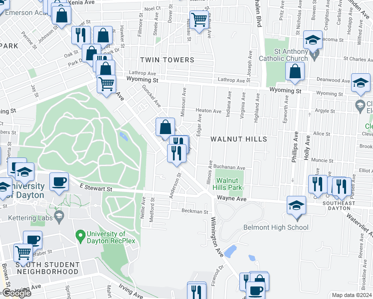 map of restaurants, bars, coffee shops, grocery stores, and more near 41 Utah Court in Dayton
