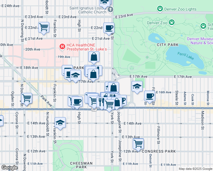 map of restaurants, bars, coffee shops, grocery stores, and more near 1652 North Gaylord Street in Denver