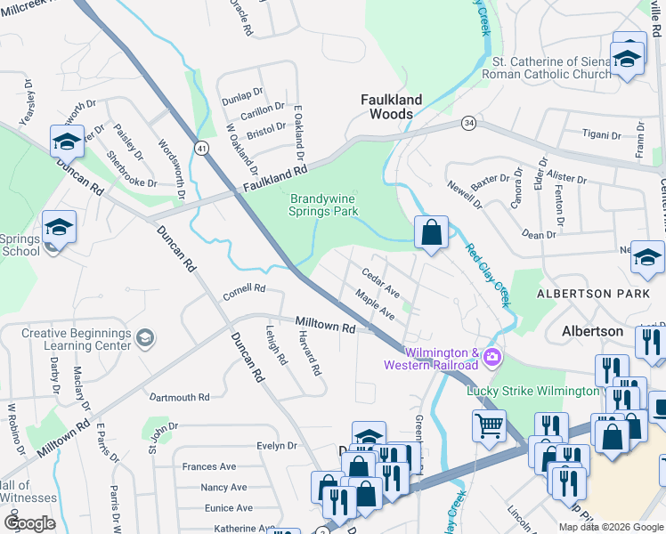 map of restaurants, bars, coffee shops, grocery stores, and more near 2612 Maple Avenue in Wilmington