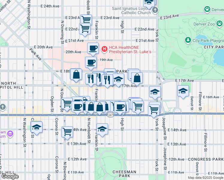 map of restaurants, bars, coffee shops, grocery stores, and more near 1644 Gilpin Street in Denver