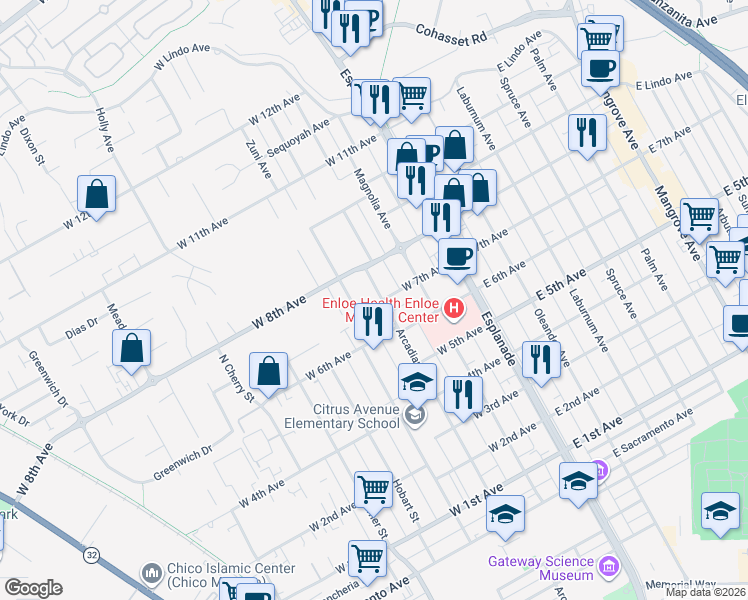 map of restaurants, bars, coffee shops, grocery stores, and more near 1705 Arcadian Avenue in Chico