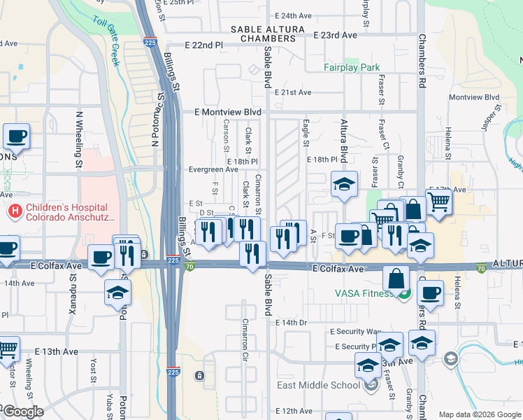 map of restaurants, bars, coffee shops, grocery stores, and more near 1618 Cimarron Street in Aurora