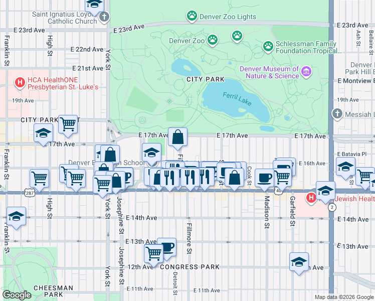 map of restaurants, bars, coffee shops, grocery stores, and more near 2990 East 17th Avenue in Denver