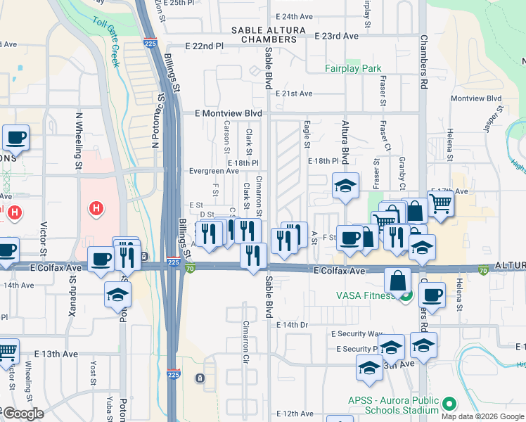 map of restaurants, bars, coffee shops, grocery stores, and more near 1618 Cimarron Street in Aurora
