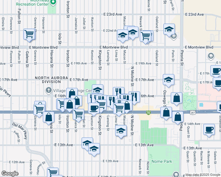 map of restaurants, bars, coffee shops, grocery stores, and more near 1624 Lansing Street in Aurora