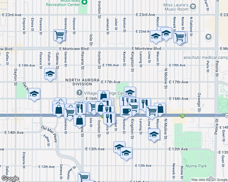map of restaurants, bars, coffee shops, grocery stores, and more near 1624 Jamaica Street in Aurora
