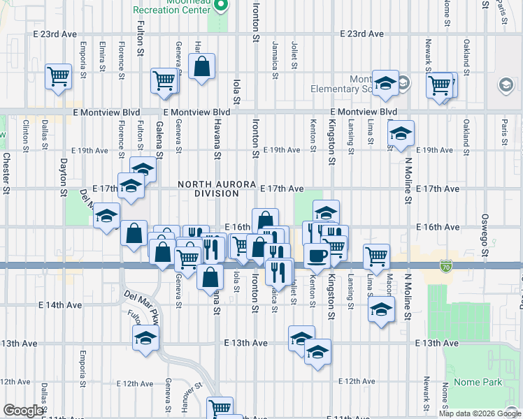 map of restaurants, bars, coffee shops, grocery stores, and more near 1619 Ironton Street in Aurora