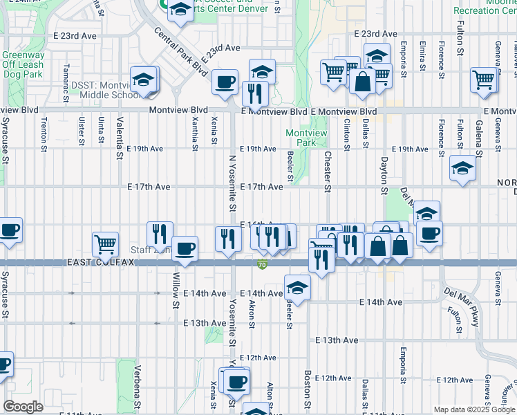 map of restaurants, bars, coffee shops, grocery stores, and more near in Aurora