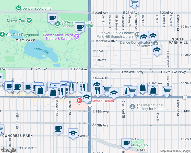 map of restaurants, bars, coffee shops, grocery stores, and more near 4022 Batavia Place in Denver