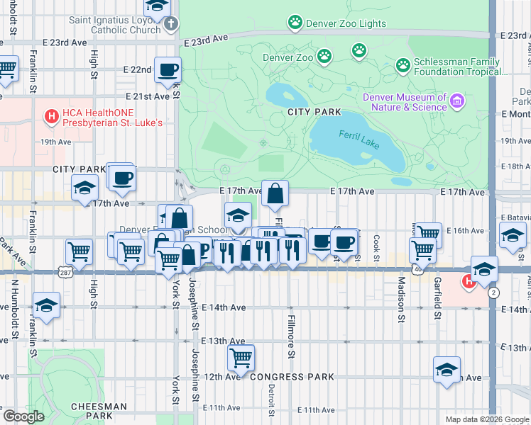 map of restaurants, bars, coffee shops, grocery stores, and more near 1620 Detroit Street in Denver