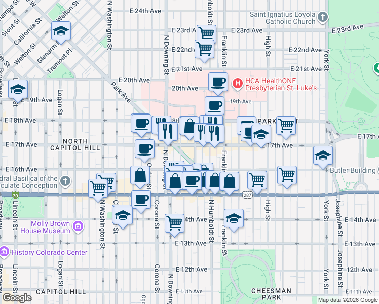 map of restaurants, bars, coffee shops, grocery stores, and more near 1655 North Lafayette Street in Denver