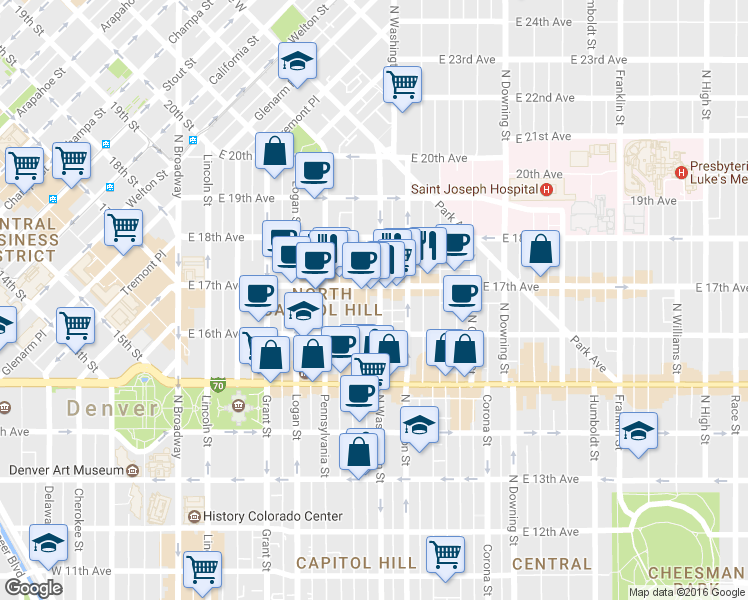 map of restaurants, bars, coffee shops, grocery stores, and more near 1641 North Washington Street in Denver