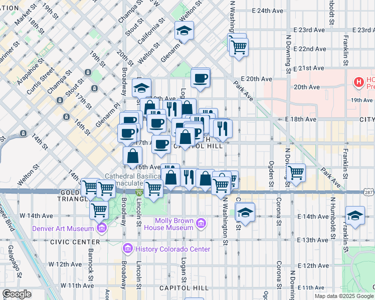 map of restaurants, bars, coffee shops, grocery stores, and more near 1640 Logan Street in Denver