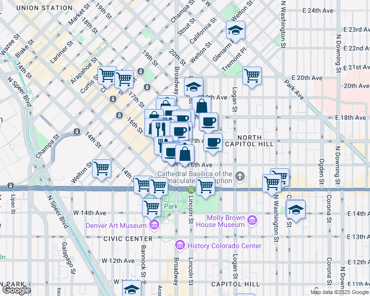 map of restaurants, bars, coffee shops, grocery stores, and more near 1670 Broadway in Denver