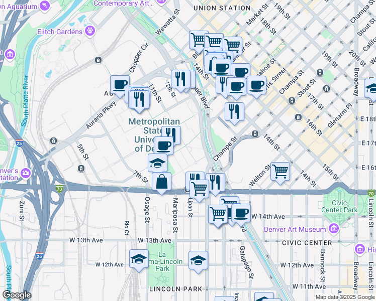 map of restaurants, bars, coffee shops, grocery stores, and more near in Denver