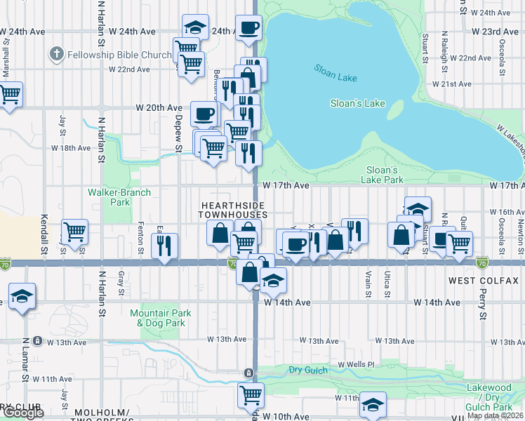 map of restaurants, bars, coffee shops, grocery stores, and more near 5100 West Annie Place in Denver