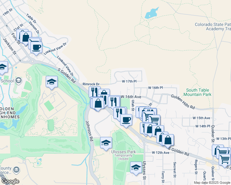 map of restaurants, bars, coffee shops, grocery stores, and more near 17491 West 16th Avenue in Golden