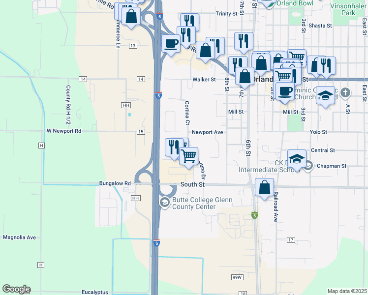 map of restaurants, bars, coffee shops, grocery stores, and more near 1003 Newport Avenue in Orland