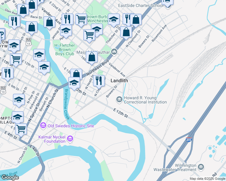 map of restaurants, bars, coffee shops, grocery stores, and more near in Wilmington