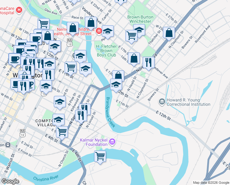 map of restaurants, bars, coffee shops, grocery stores, and more near 1012 East 12th Street in Wilmington