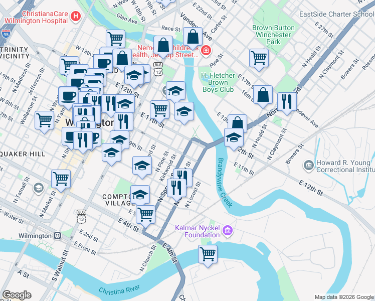 map of restaurants, bars, coffee shops, grocery stores, and more near 711 East 10th Street in Wilmington
