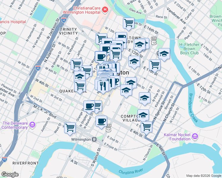 map of restaurants, bars, coffee shops, grocery stores, and more near 701 North King Street in Wilmington